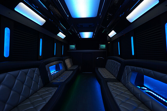 plush leather seating on a party bus
